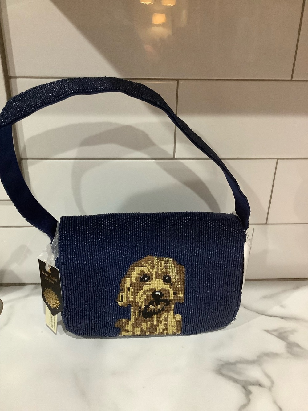 Navy Beaded Shoulder Bag with Gold Accent